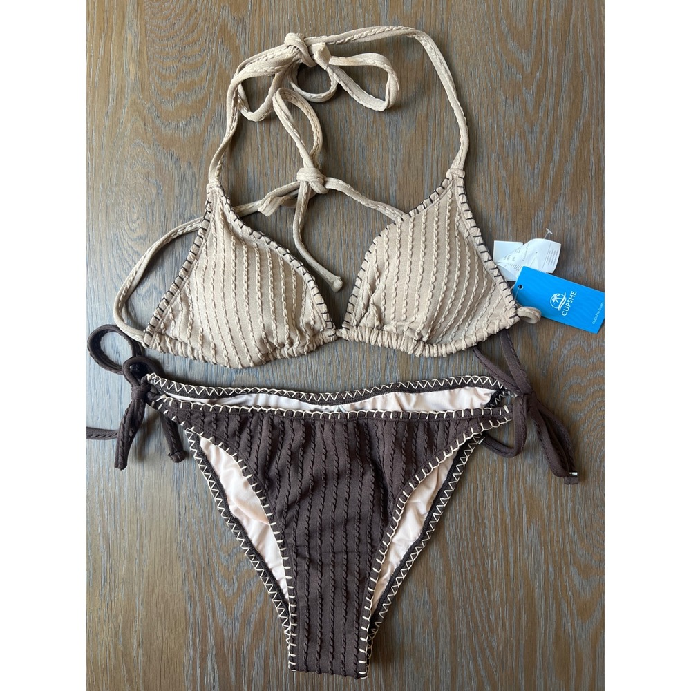 Cupshe Tan and Brown Textured Triangle Bikini Set Side Tie Bottoms